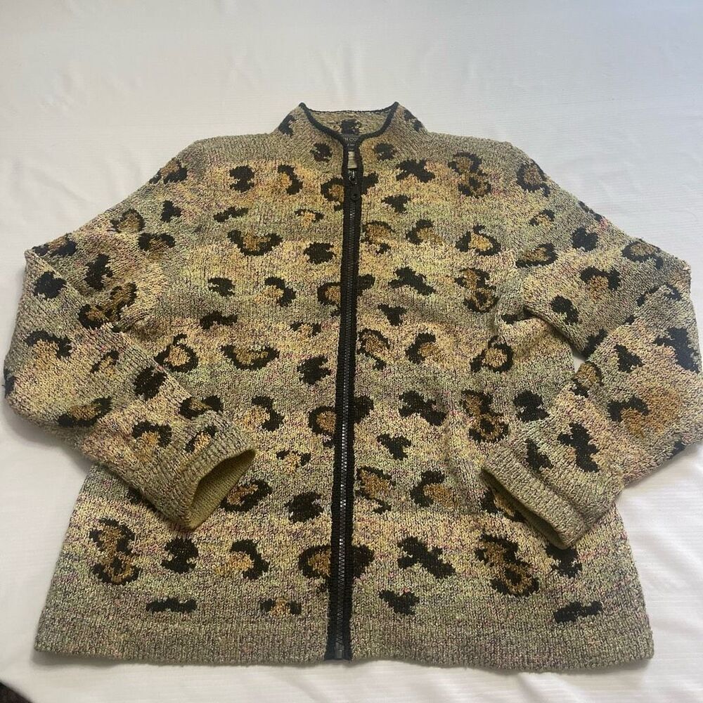 South Cotton Hand Loomed Animal Print Leopard Zip Up Sweater Jacket Size Large